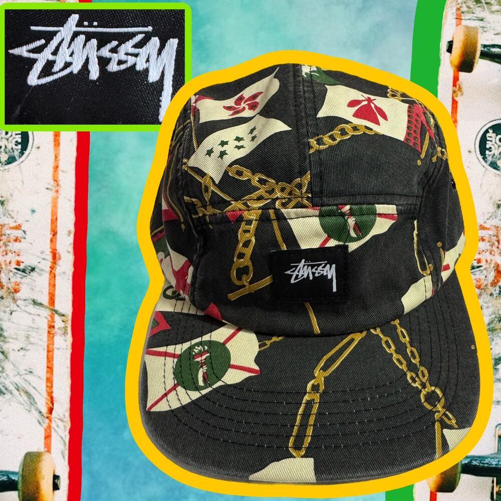 Vintage Stussy Nautical Flag 5 Panel Camp Cap Gold Chain Print Capz Hologram